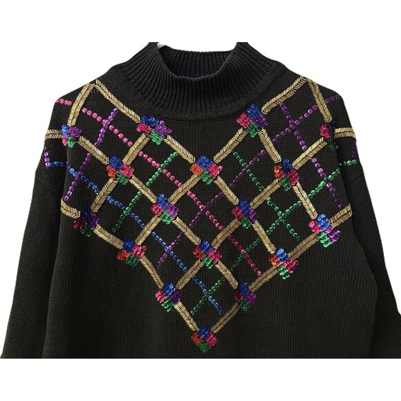 Vintage 80s Womens Size Small Sequin & Beaded Black Mockneck Oversized Sweater - Picture 2 of 5